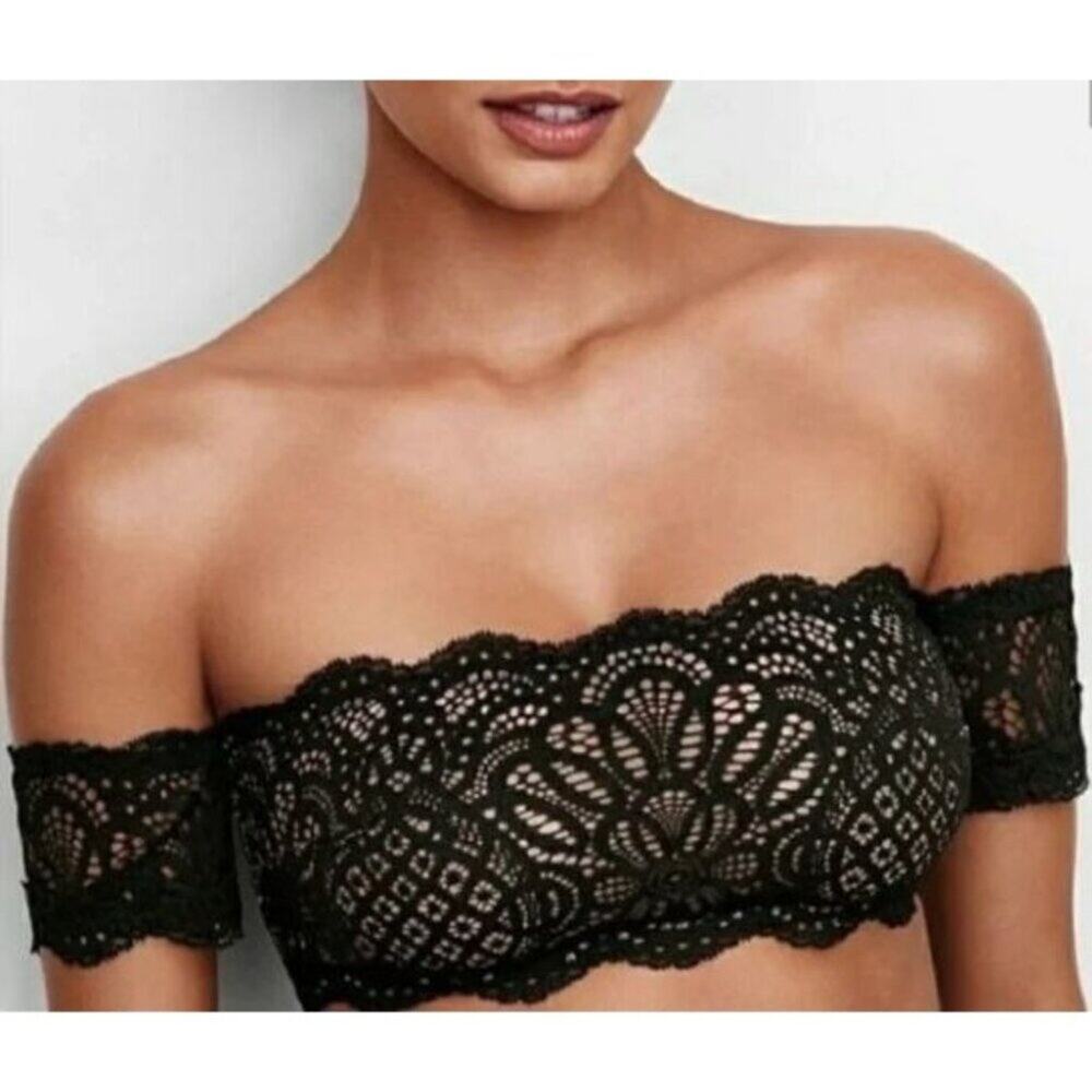 Victoria Secret Bralette Black Lace Off Shoulder Cap Sleeve Wire Free Bra Xsmall